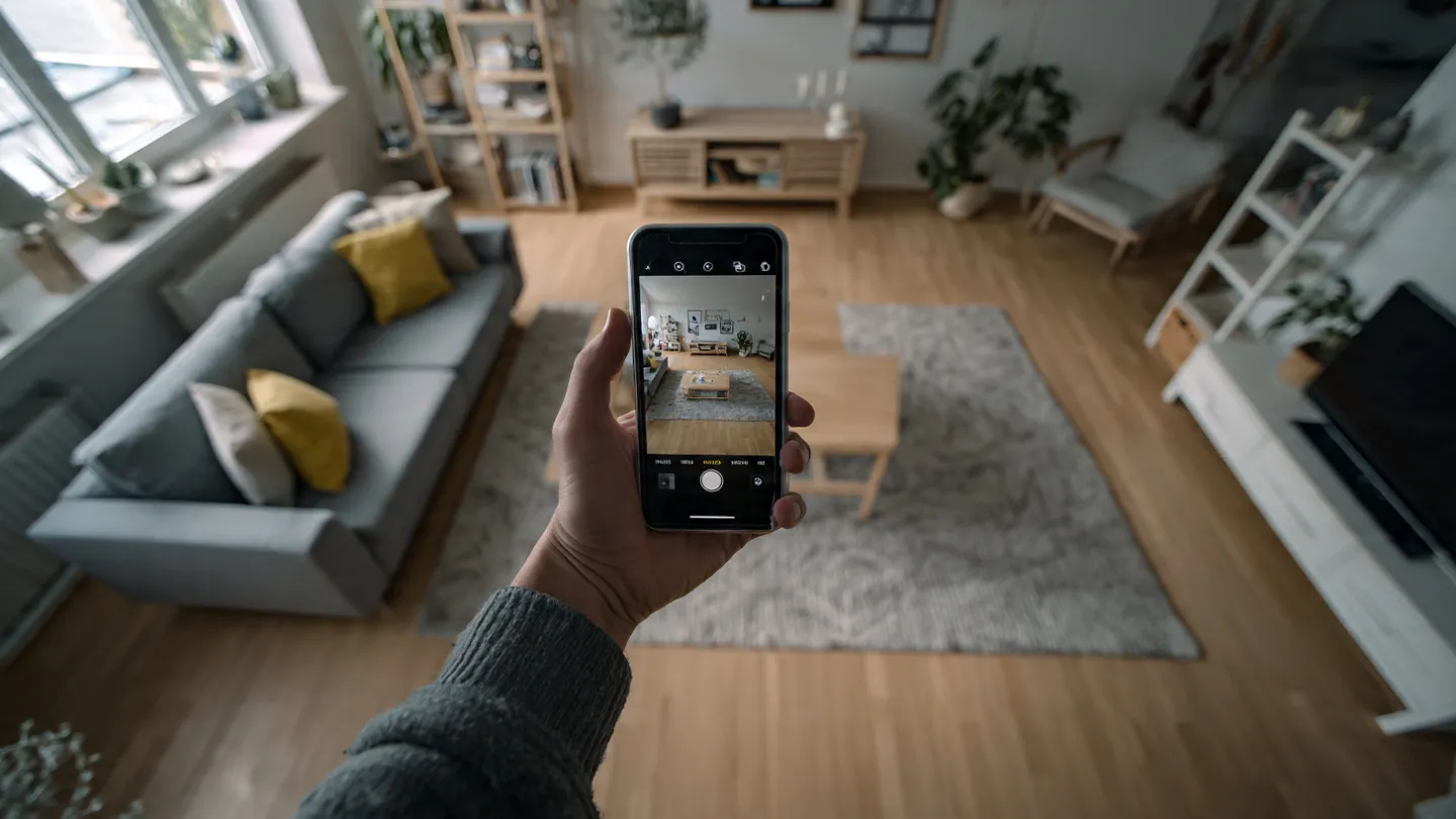 Persona realizando un inventario piso alquiler fotos con una cámara profesional y tablet en 2026