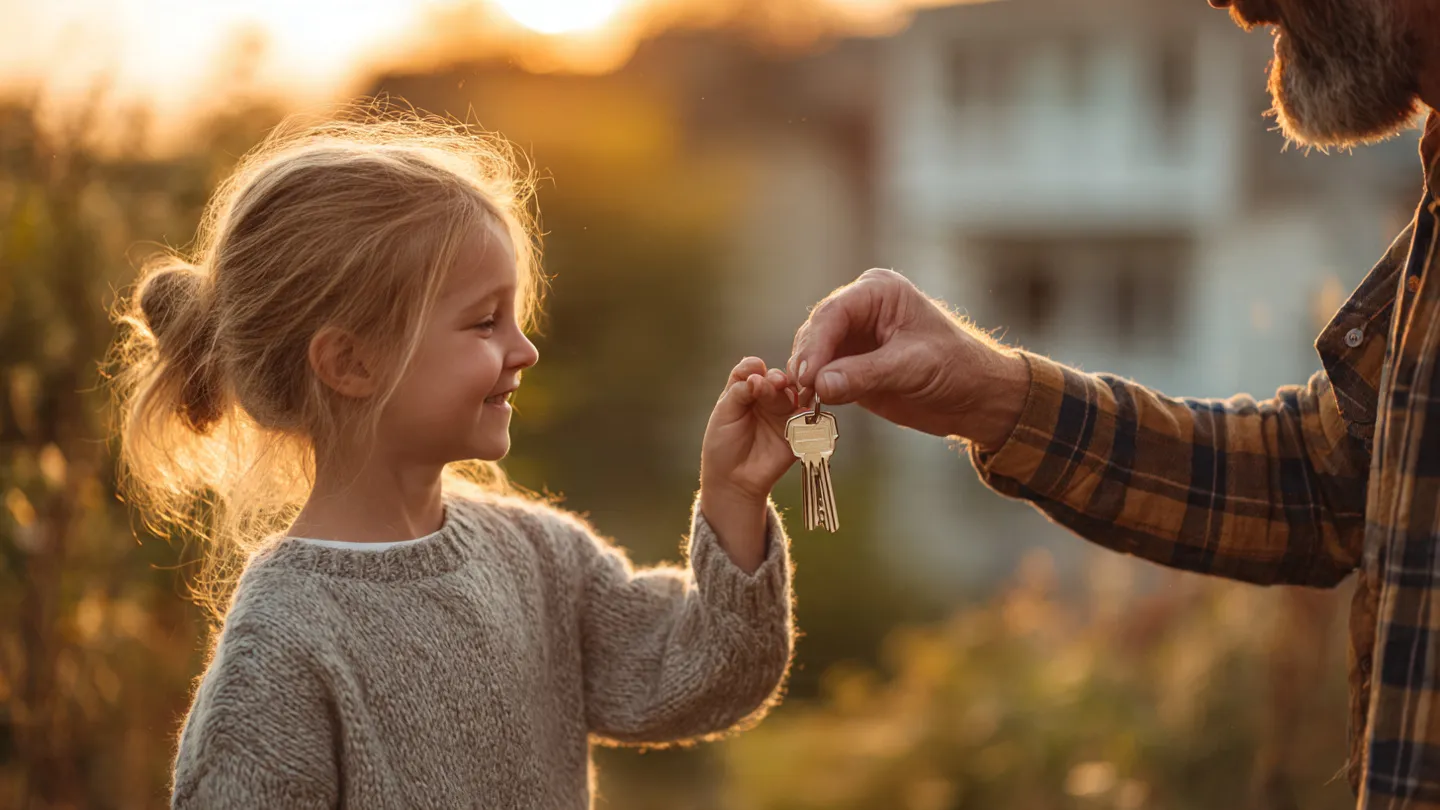 Padres e hijos firmando la escritura de donación de vivienda a hijos 2026 ante un notario
