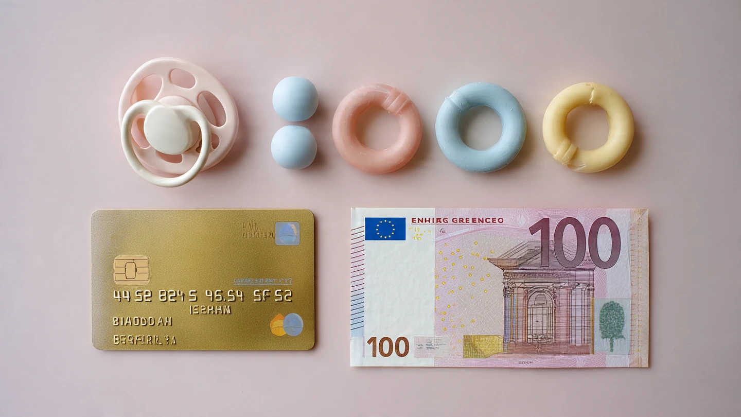 Madre joven gestionando el cheque bebé 1200 euros pedir con su móvil mientras cuida a su hijo en 2026