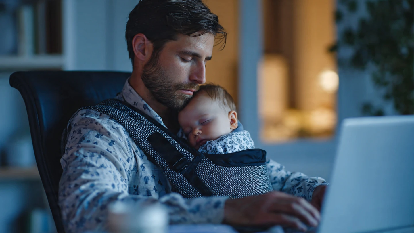 Padre joven realizando la baja paternidad 2026 pasos desde su portátil con su bebé en brazos